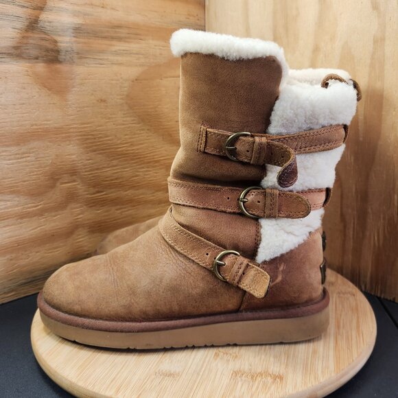UGG Womens Becket Buckle Straps Shearling Lined Chestnut Mid Calf Boots - Picture 4 of 10